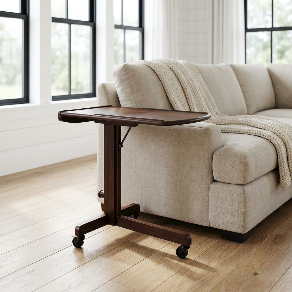 Antique Walnut Adjustable Laptop Cart with Solid Wood Finish for Mobility