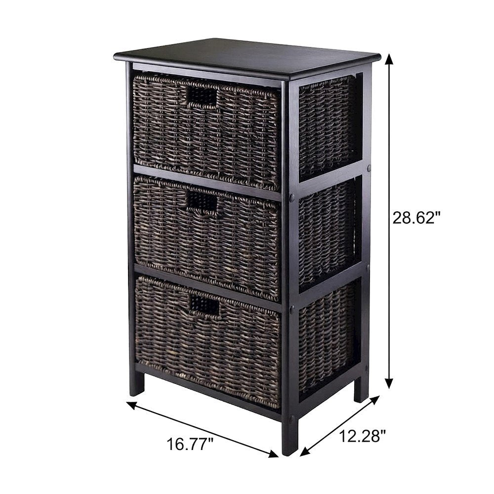 Composite Wood Pantry Rack with 3 Foldable Corn Husk Baskets, Black / Chocolate