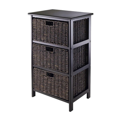 Composite Wood Pantry Rack with 3 Foldable Corn Husk Baskets, Black / Chocolate