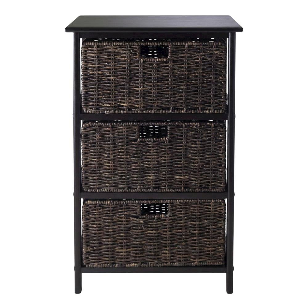 Composite Wood Pantry Rack with 3 Foldable Corn Husk Baskets, Black / Chocolate