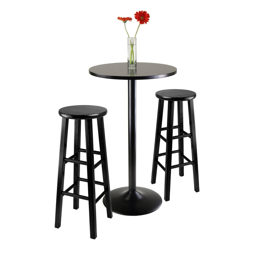 3pc Round Black Pub Table with two 29" Wood Stool Square Legs