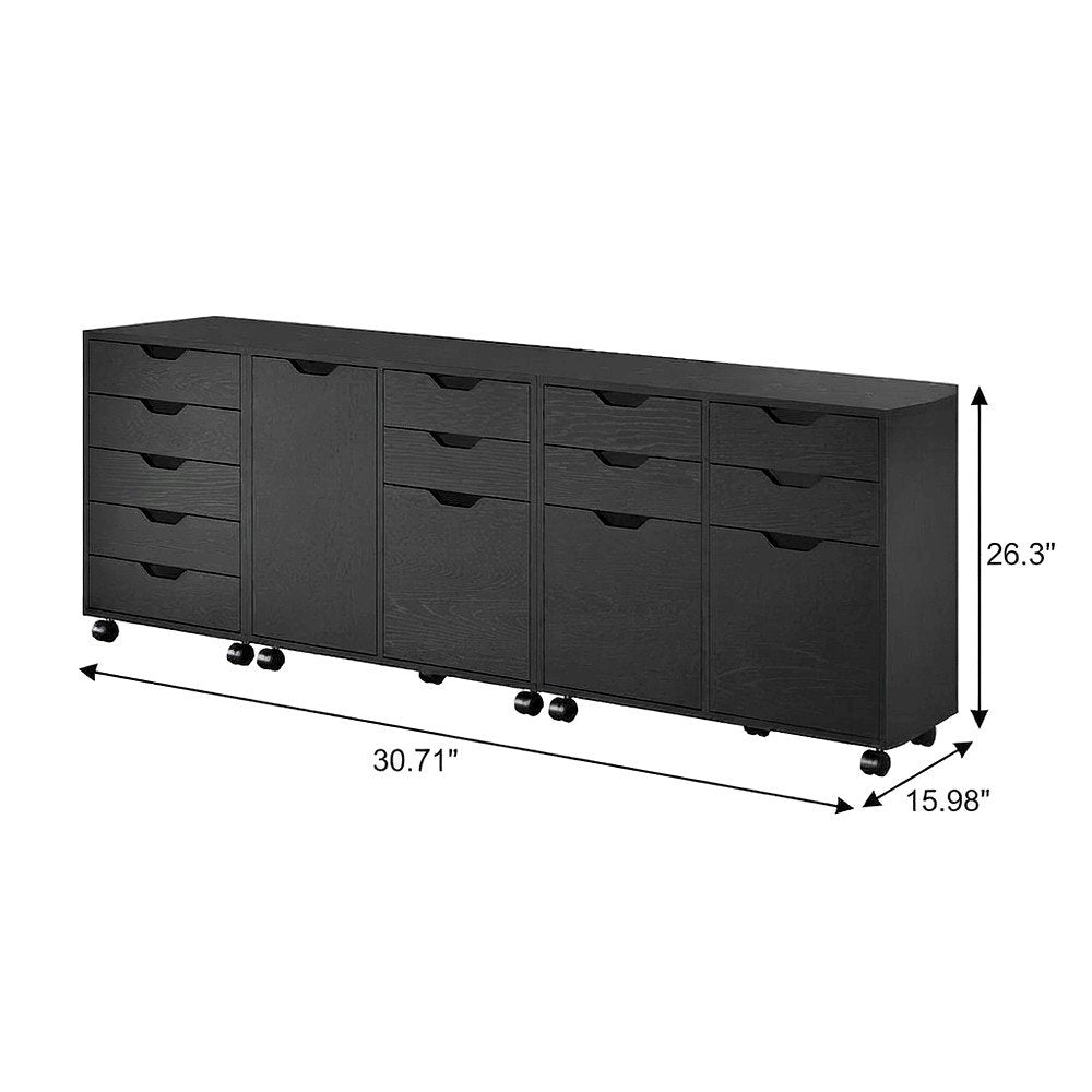 3-Piece Storage Cabinet Set with File Drawer, Composite Wood, Black