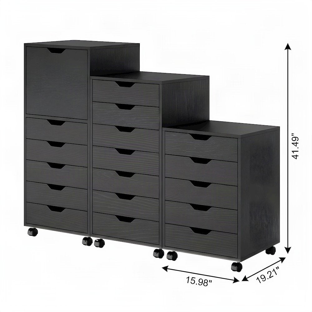 Wood Multi-Drawer Office Floor Cabinet and Storage Drawers, 3-Piece, Black