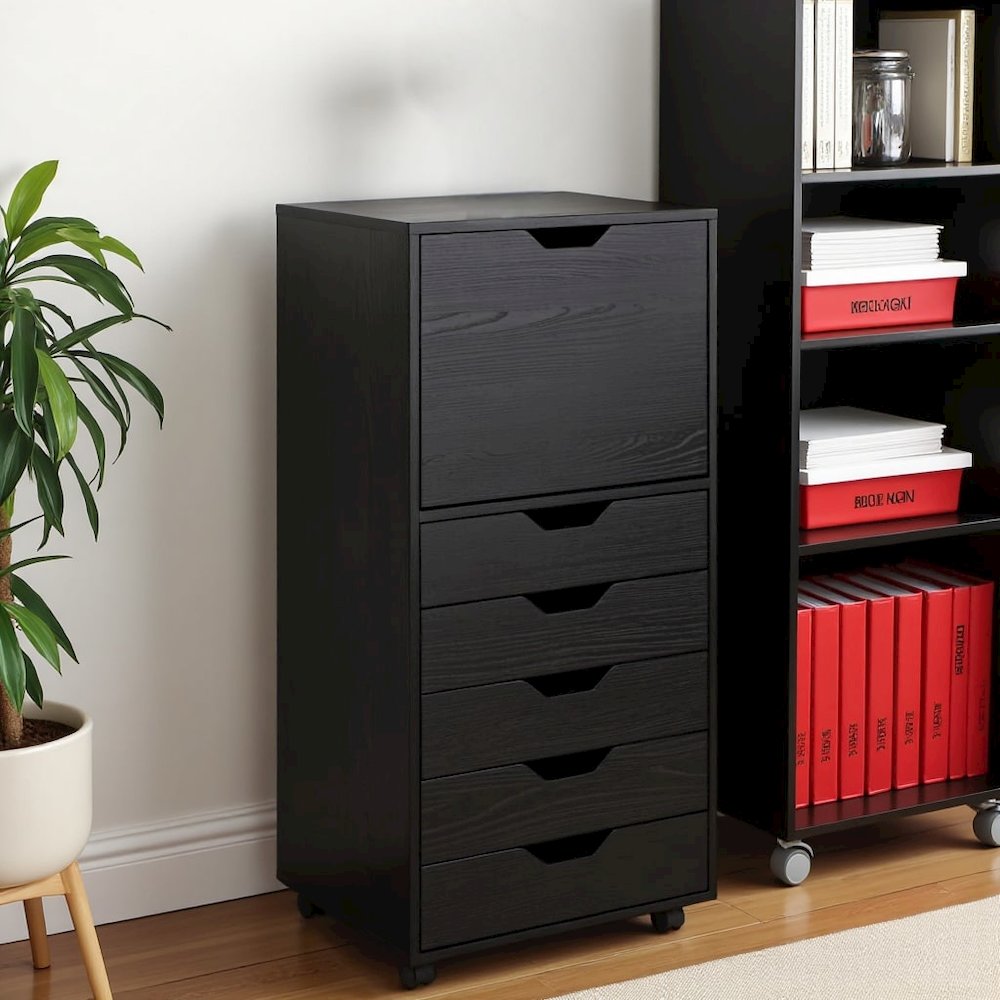 Composite Wood Home Office Floor Cabinet with Drawers and Locking Casters, Black