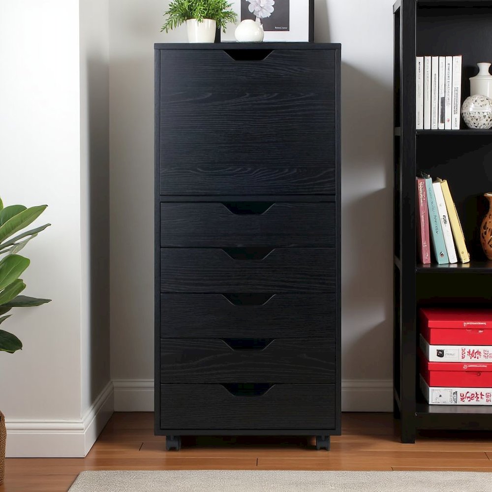 Composite Wood Home Office Floor Cabinet with Drawers and Locking Casters, Black