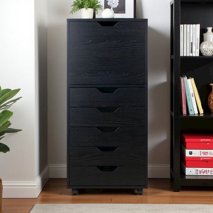 Composite Wood Home Office Floor Cabinet with Drawers and Locking Casters, Black