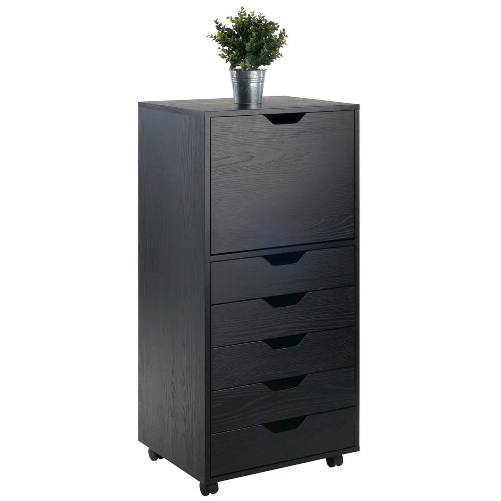 Composite Wood Home Office Floor Cabinet with Drawers and Locking Casters, Black