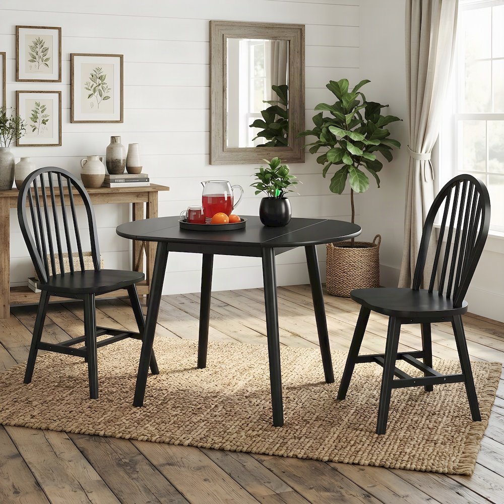 Solid Wood Drop Leaf Kitchen Dining Table with Windsor Chairs, Set of 3, Black