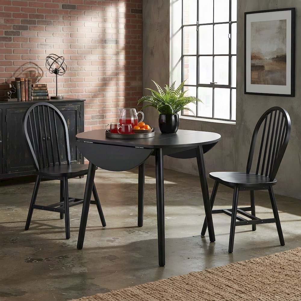 Solid Wood Drop Leaf Kitchen Dining Table with Windsor Chairs, Set of 3, Black