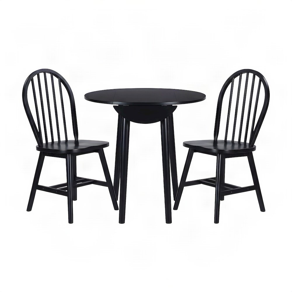 Solid Wood Drop Leaf Kitchen Dining Table with Windsor Chairs, Set of 3, Black