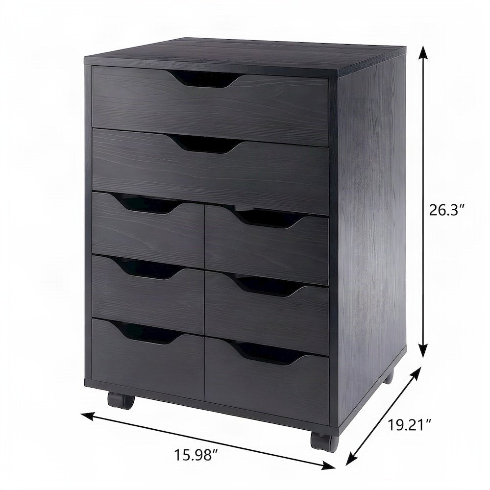 Contemporary Composite Wood Mobile Floor Cabinet with 6 Bins, 2 Drawers, Black