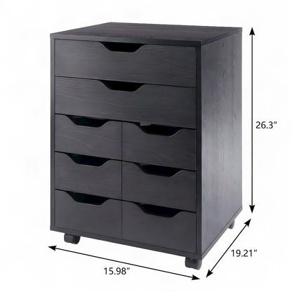 Contemporary Composite Wood Mobile Floor Cabinet with 6 Bins, 2 Drawers, Black