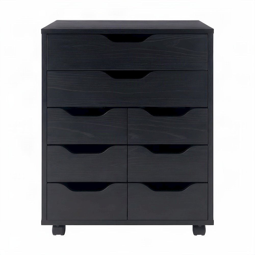 Contemporary Composite Wood Mobile Floor Cabinet with 6 Bins, 2 Drawers, Black