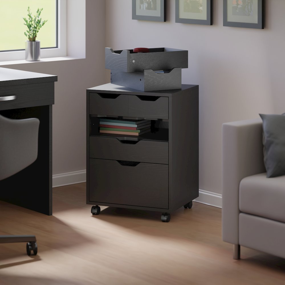 Norfolk 4 Bins, 2 Drawer Mobile Cabinet, Black Finish