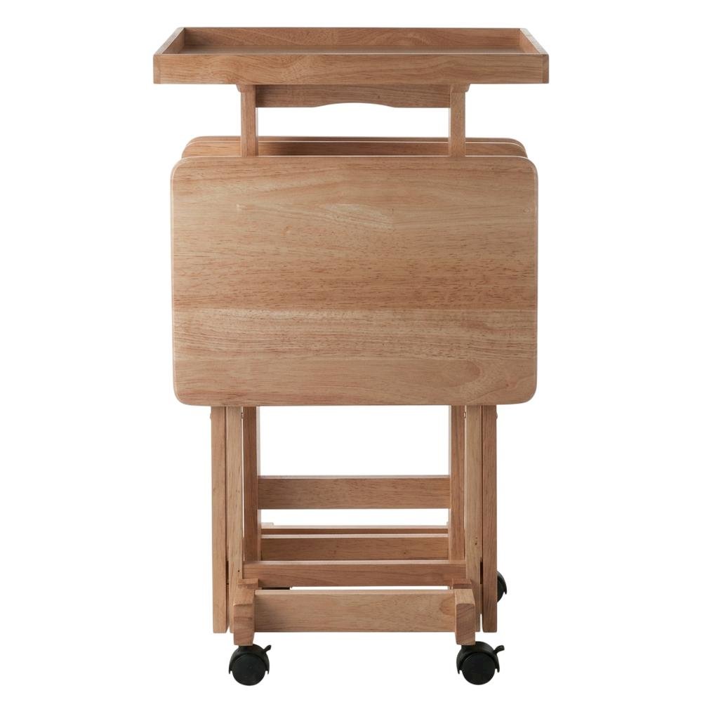 Natural Wood 6 Piece TV Trays Set With Folding Snack Tables And Mobile Stand