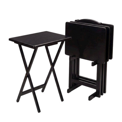 Solid Wood TV Trays Set Of 4 With Storage Rack in Black Finish