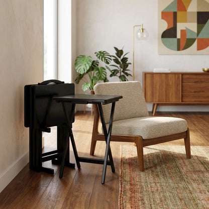 Solid Wood TV Trays Set Of 4 With Storage Rack in Black Finish