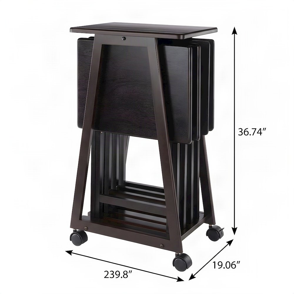 Solid Wood Nesting Tray and Snack Table Set with Steel Frame, 5-Pc, Coffee