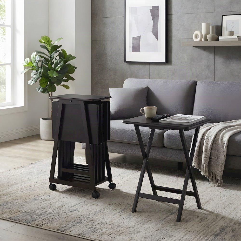 Solid Wood Nesting Tray and Snack Table Set with Steel Frame, 5-Pc, Coffee