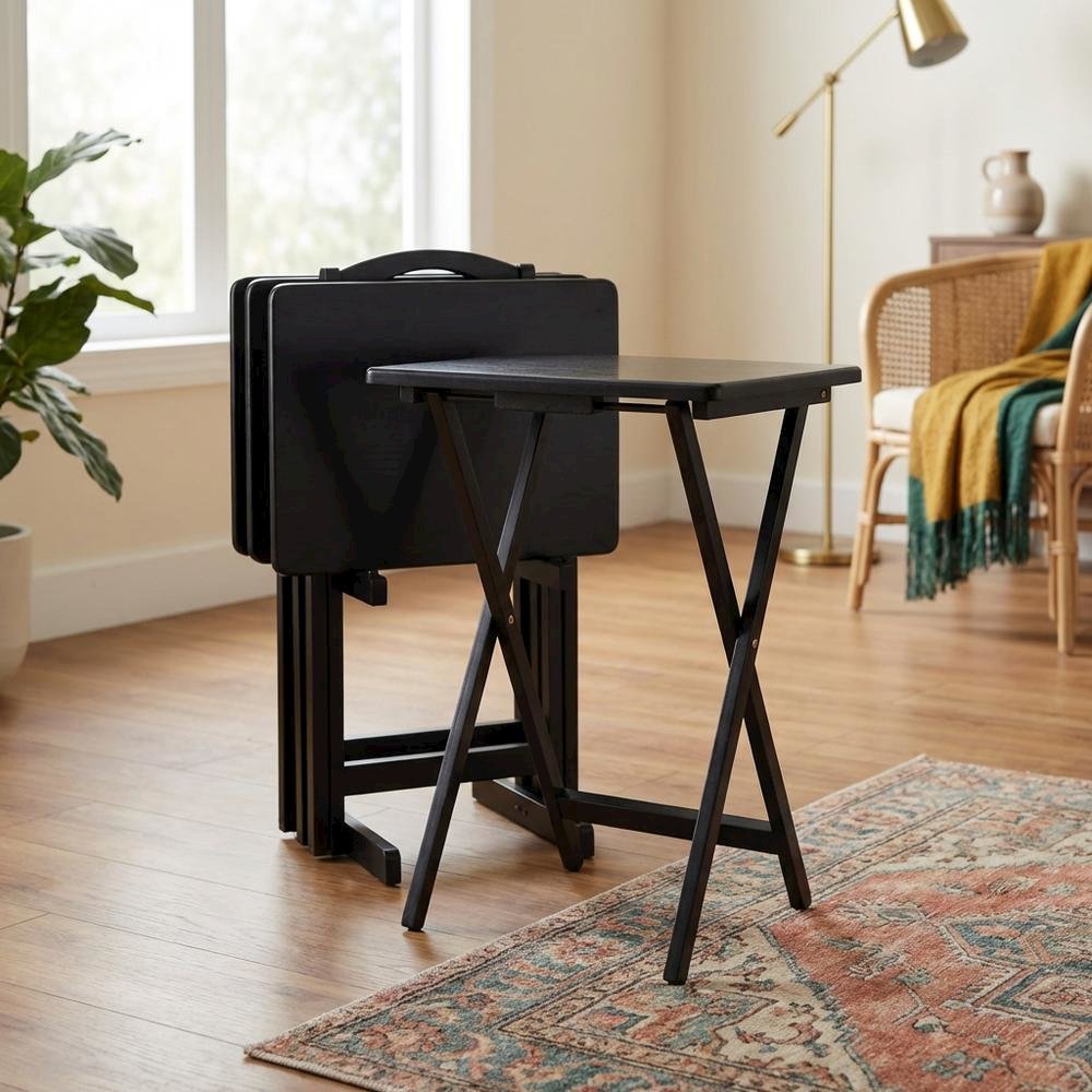 Solid Wood TV Trays Set Of 4 With Storage Rack in Black Finish