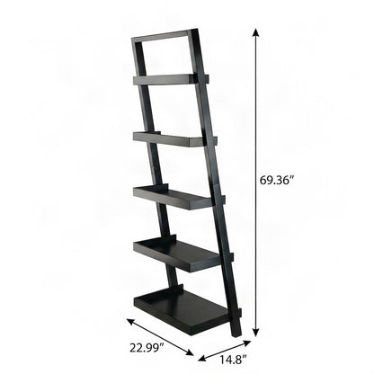 Solid Wood Leaning Ladder Bookshelf, Tall Narrow Bookcase Storage Shelf, Black