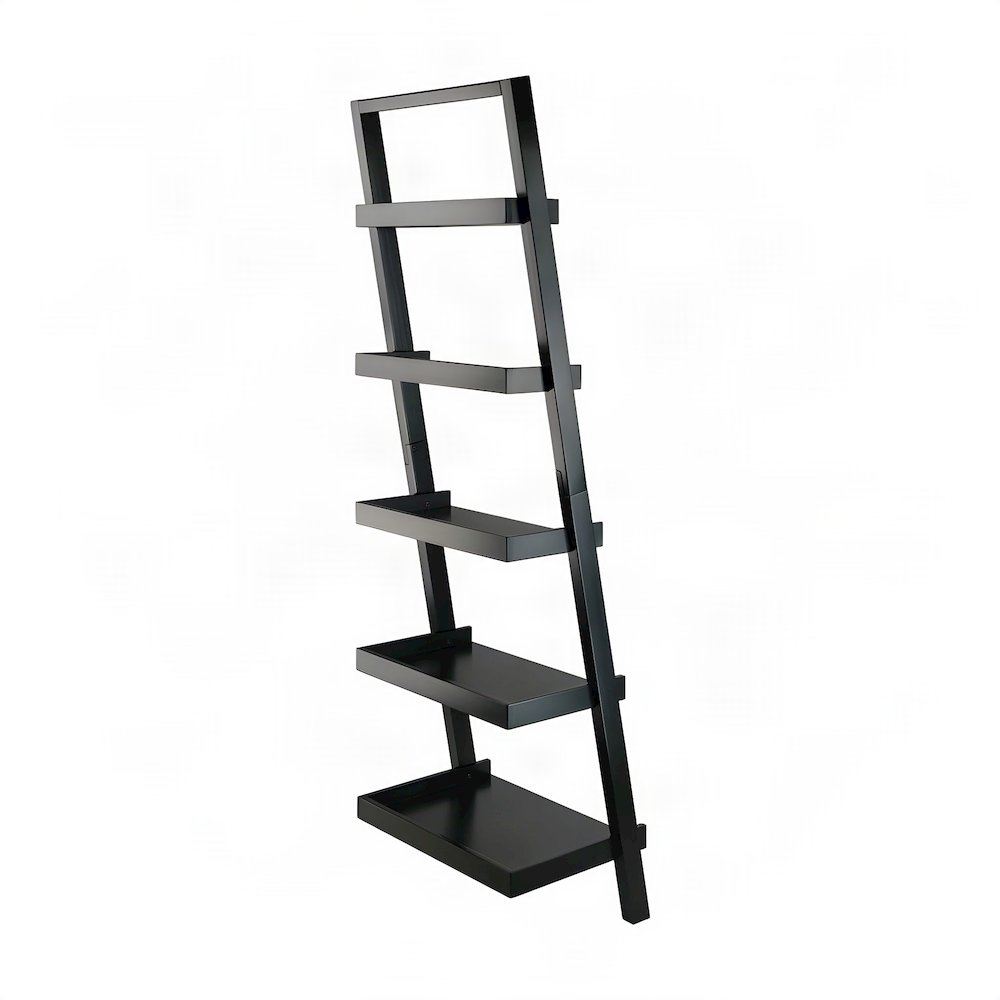 Solid Wood Leaning Ladder Bookshelf, Tall Narrow Bookcase Storage Shelf, Black