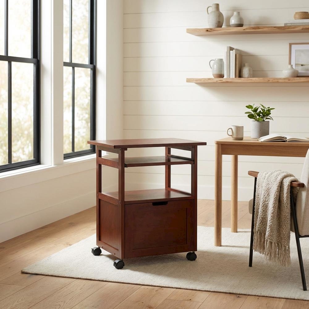 Walnut Work Cart with Keyboard Shelf and Transitional Style