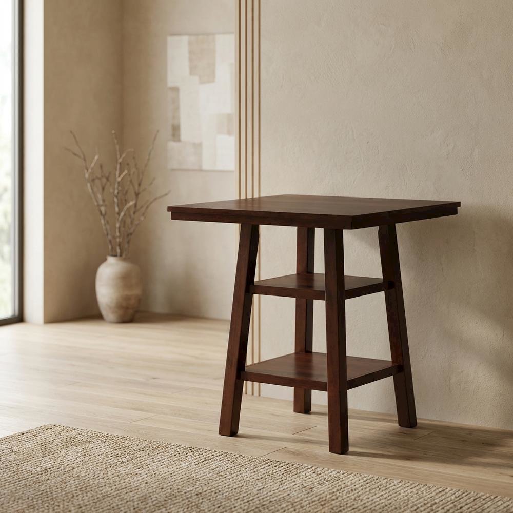 Wood High Bar Table with 2 Shelves, Transitional Pub Table for Dining Room,Brown