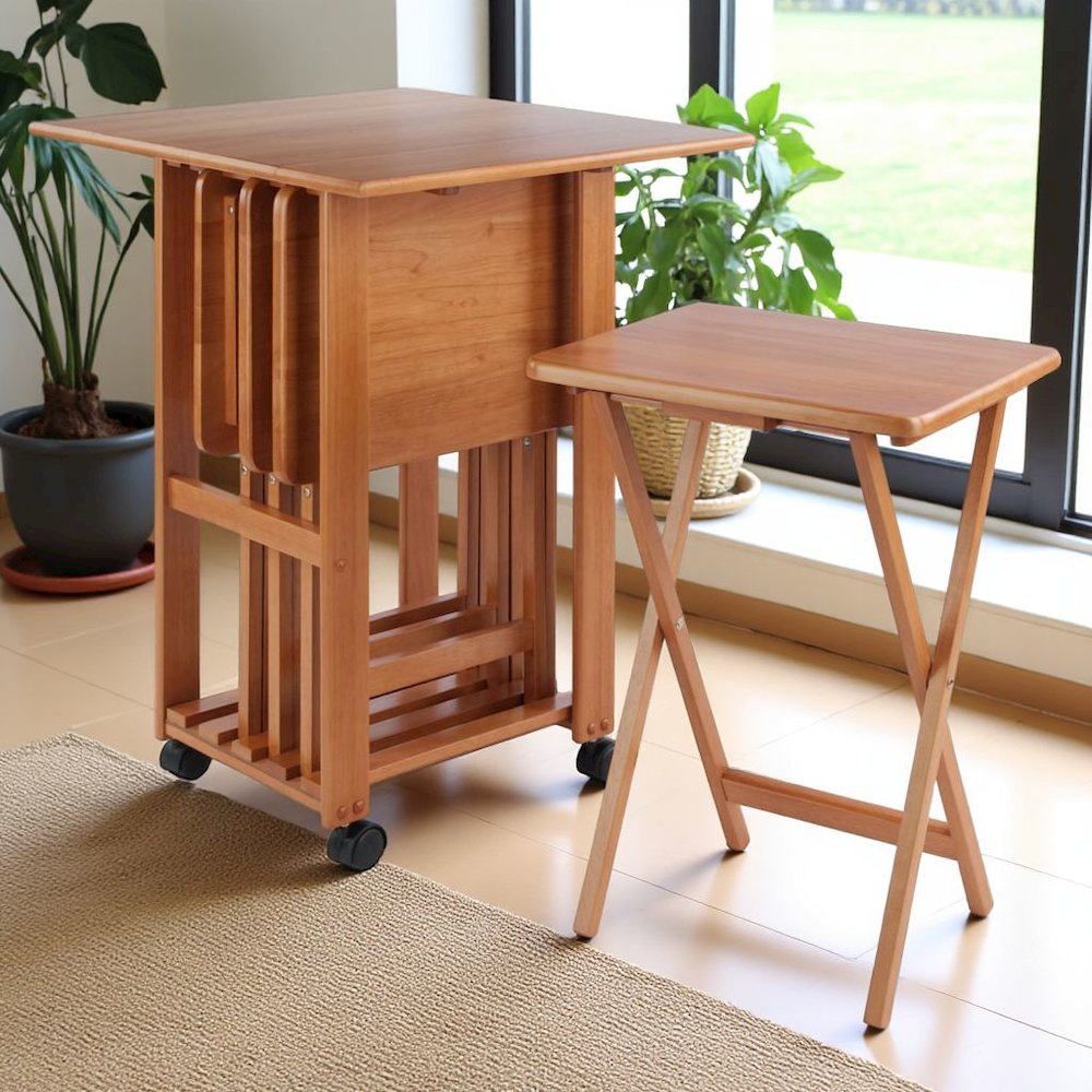 Teak Folding TV Tray Set – Small Sofa Tables for Living Room & Dining