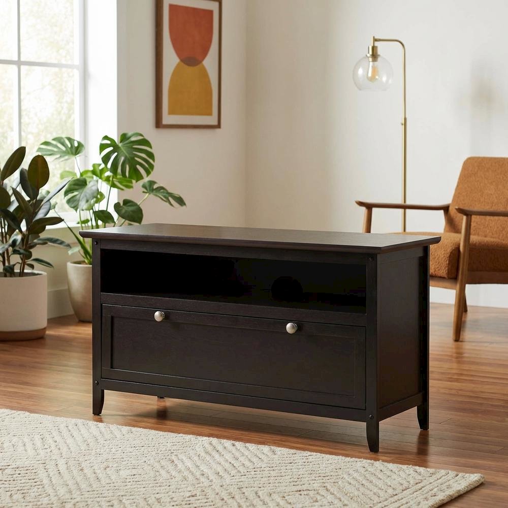 Dark Espresso Wooden TV Stand With Storage Shelf And Pull Down Cabinet