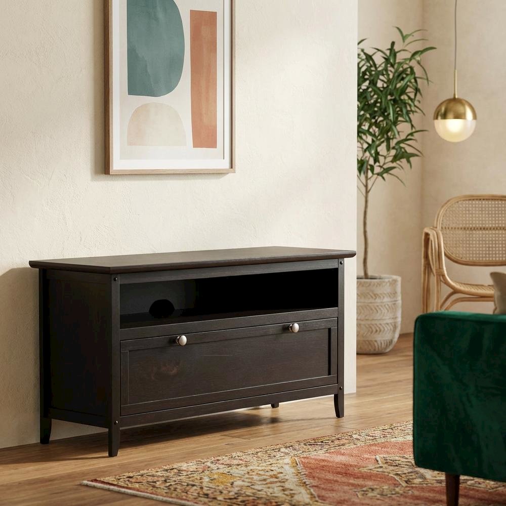 Dark Espresso Wooden TV Stand With Storage Shelf And Pull Down Cabinet