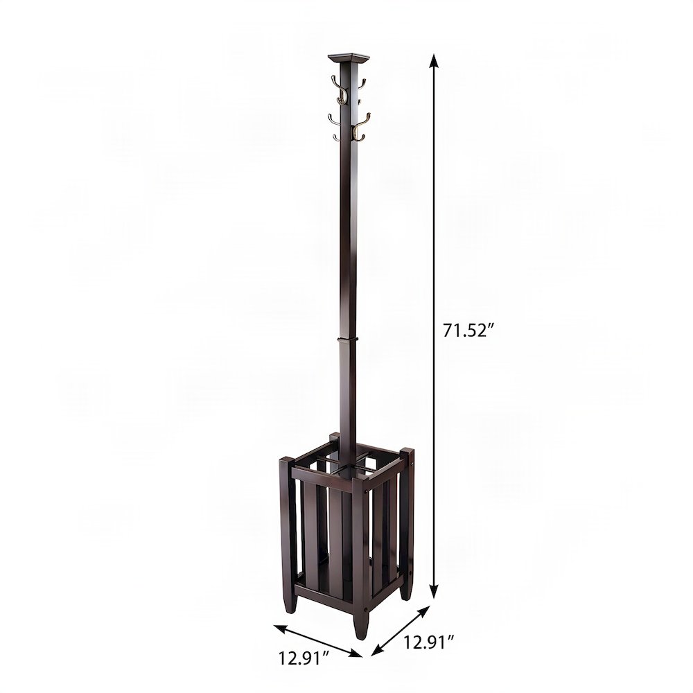 Solid Wood Coat Tree and Umbrella Rack with Hooks, Freestanding, Cappuccino
