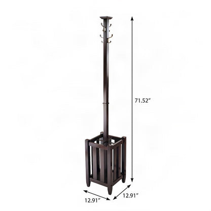 Solid Wood Coat Tree and Umbrella Rack with Hooks, Freestanding, Cappuccino