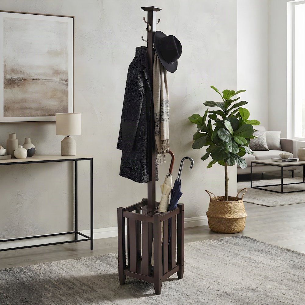 Solid Wood Coat Tree and Umbrella Rack with Hooks, Freestanding, Cappuccino