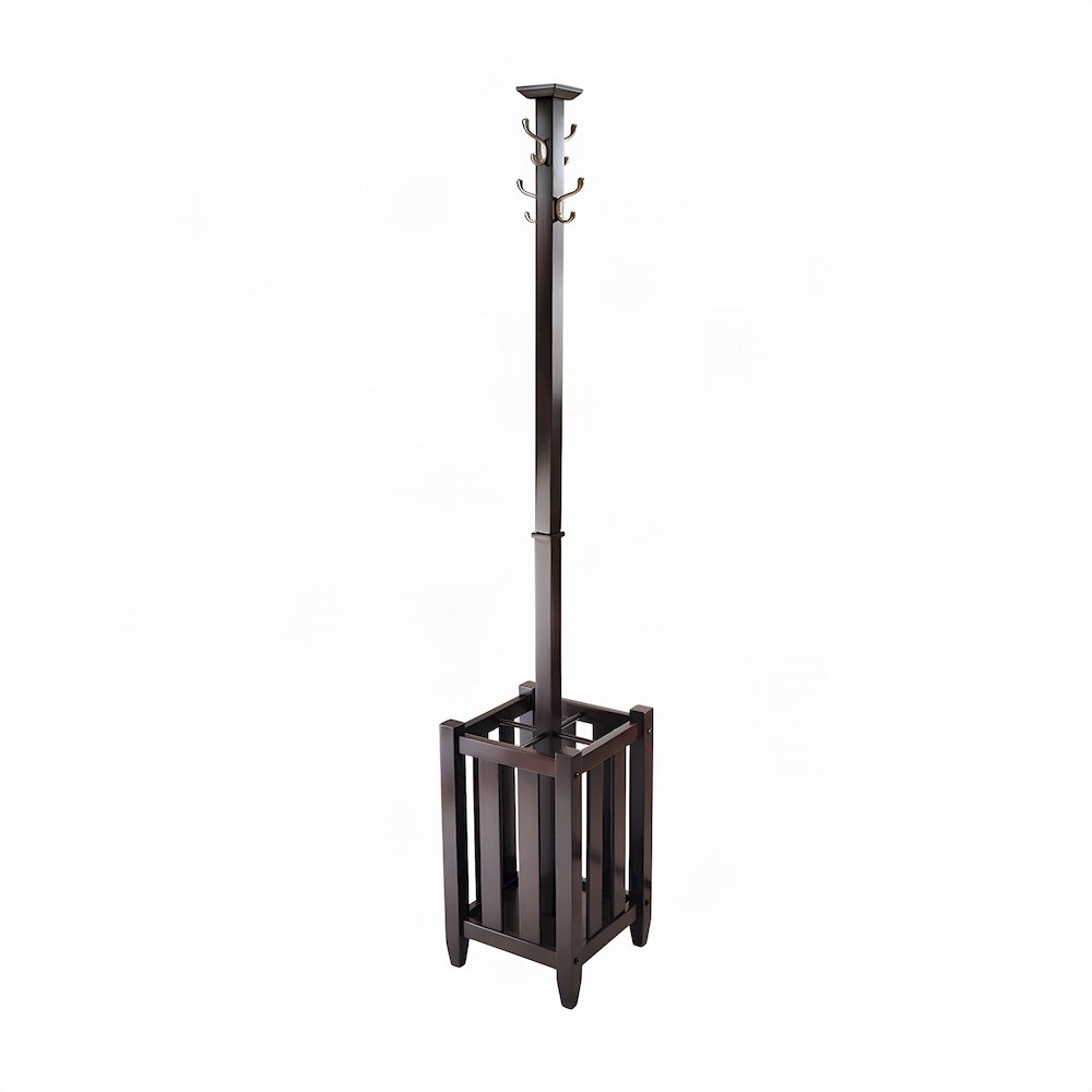 Solid Wood Coat Tree and Umbrella Rack with Hooks, Freestanding, Cappuccino