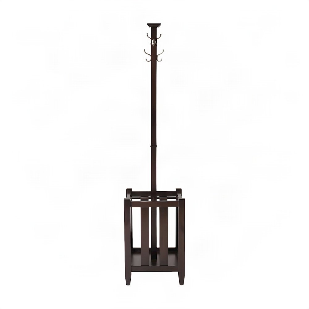 Solid Wood Coat Tree and Umbrella Rack with Hooks, Freestanding, Cappuccino