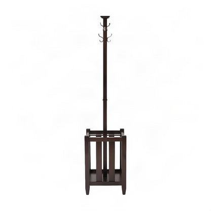 Solid Wood Coat Tree and Umbrella Rack with Hooks, Freestanding, Cappuccino