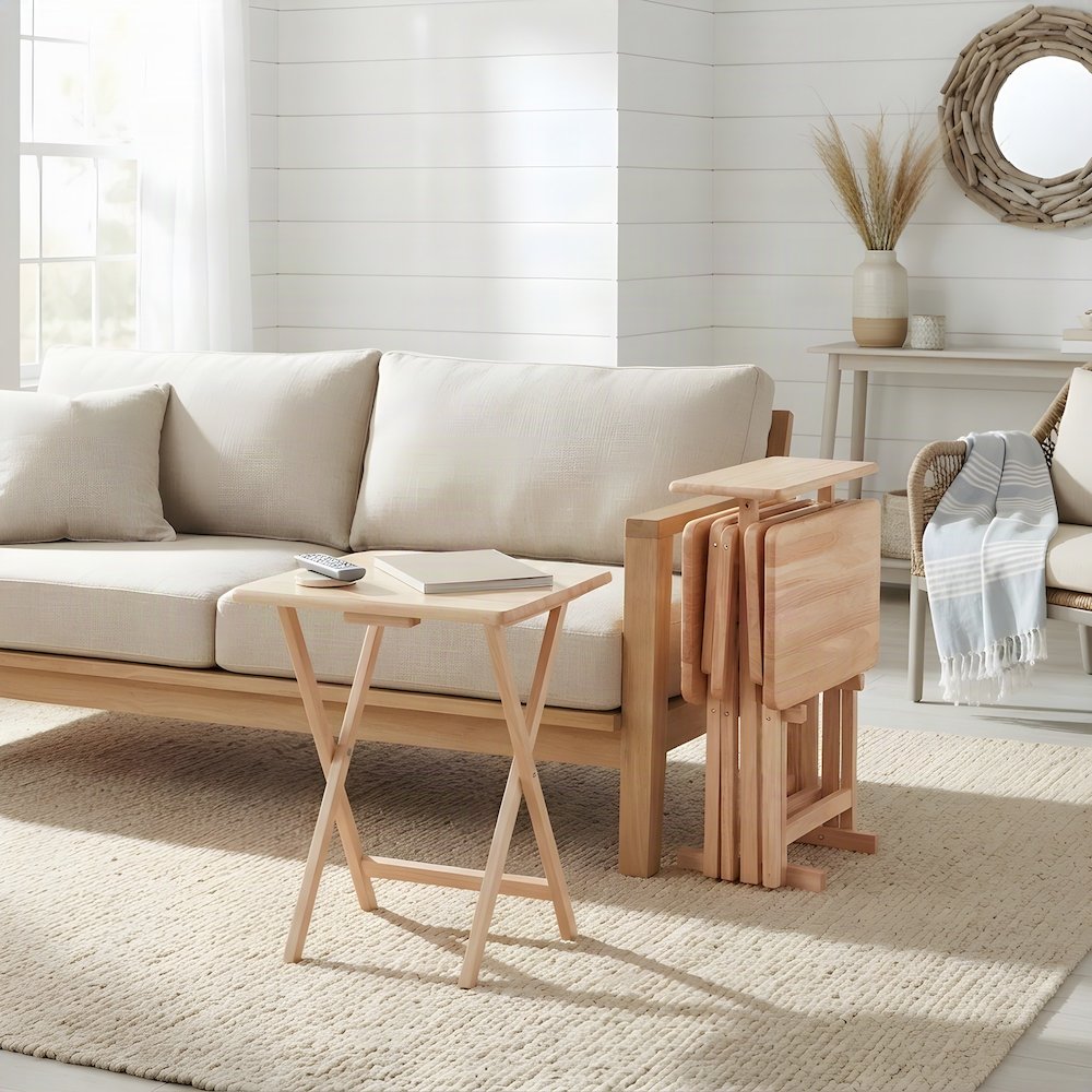 Solid Wood Snack Table Set with Folding Stand, TV Trays Small End Table, Brown
