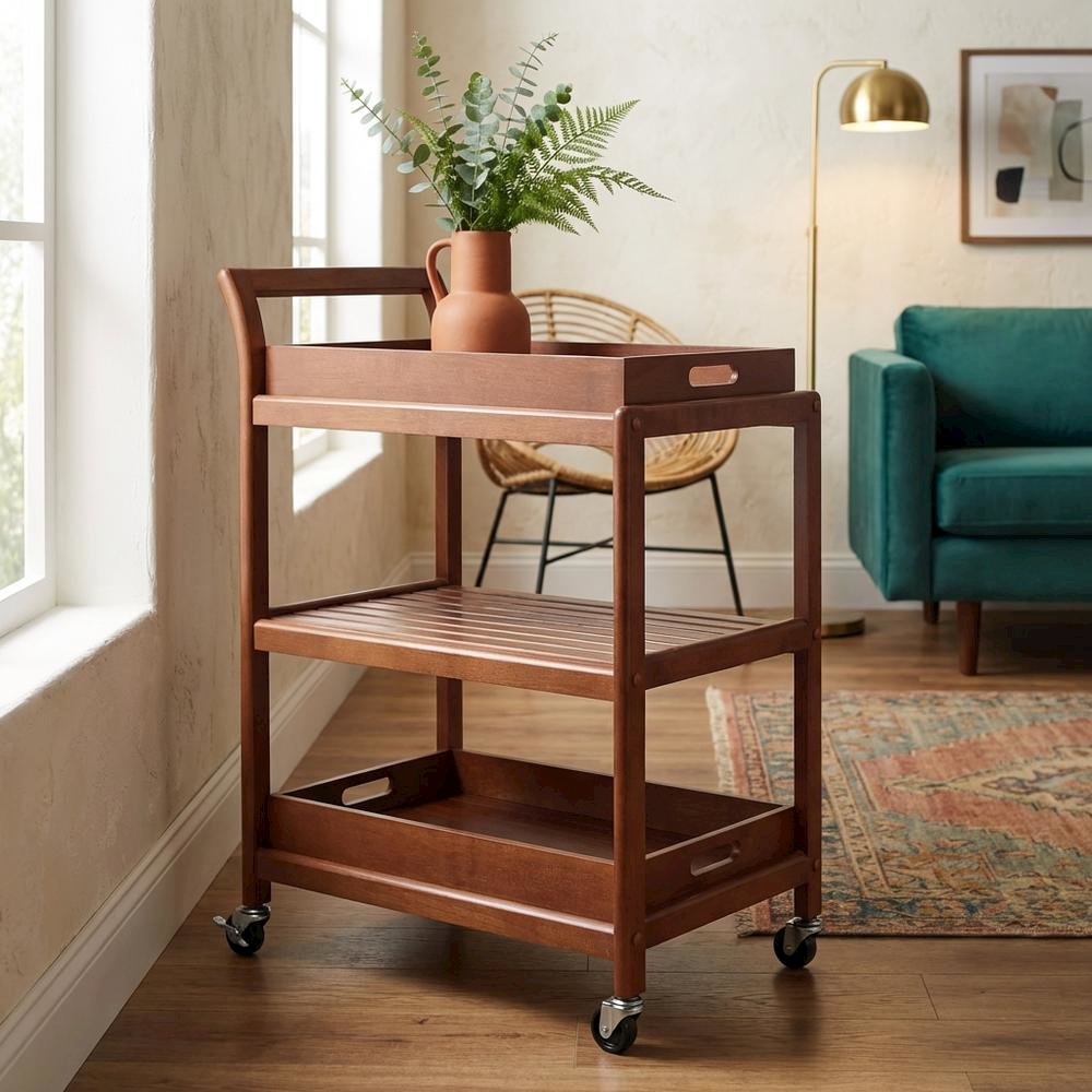 Solid Wood Kitchen Cart With Serving Trays, Vintage Bar Cart On Wheels