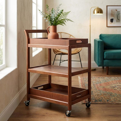 Solid Wood Kitchen Cart With Serving Trays, Vintage Bar Cart On Wheels