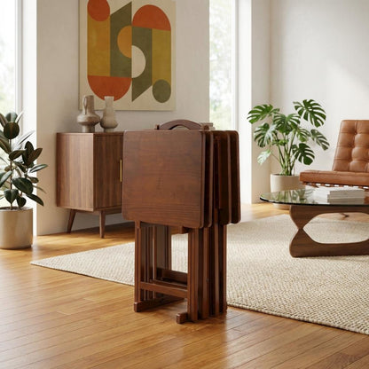 Solid Wood TV Trays Set Of 4 With Storage Rack in Walnut Finish