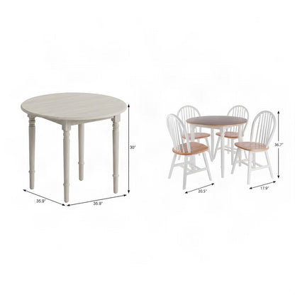 Wood Drop Leaf Dining Table Set with Windsor Chairs, Natural White, 5 Piece Set