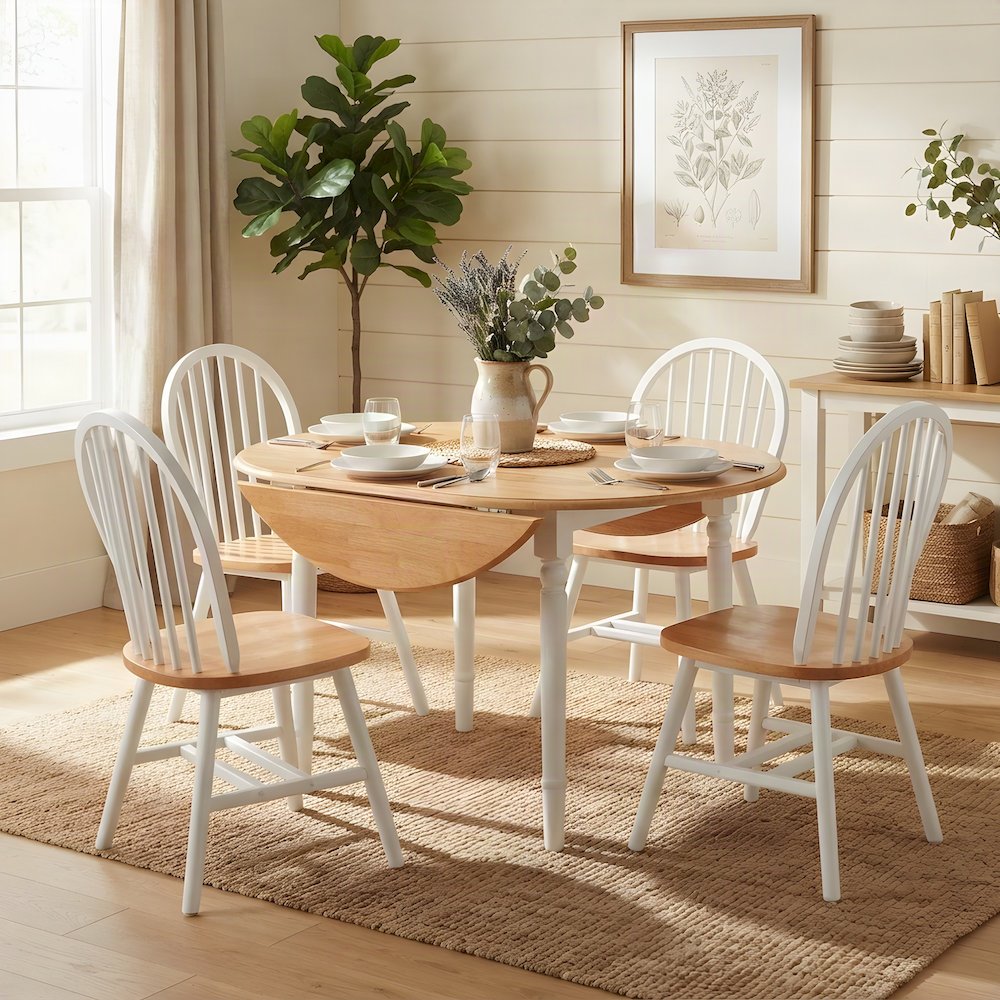 Wood Drop Leaf Dining Table Set with Windsor Chairs, Natural White, 5 Piece Set