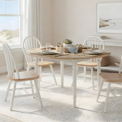 Wood Drop Leaf Dining Table Set with Windsor Chairs, Natural White, 5 Piece Set