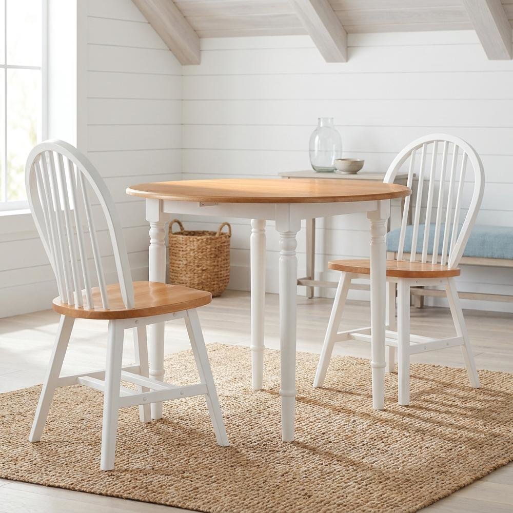 Solid Wood Drop-Leaf Dining Table, Windsor Chairs, 3 Piece Set, Natural / White