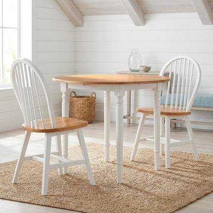 Solid Wood Drop-Leaf Dining Table, Windsor Chairs, 3 Piece Set, Natural / White