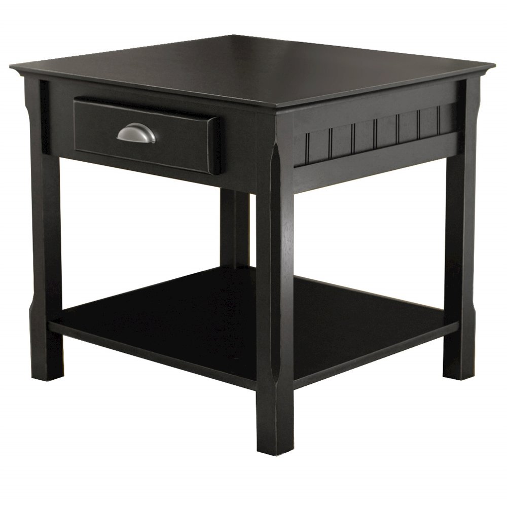 Side Table, Black End Table, Drawer and Shelf, Square Furniture