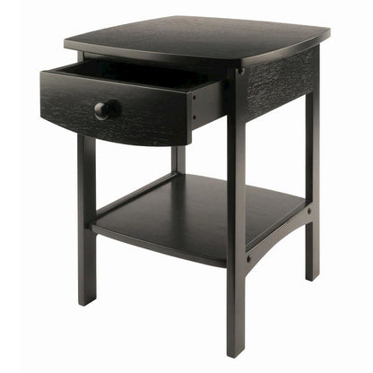 Mid Century Nightstand In Solid Wood Black Finish With Drawer And Shelf