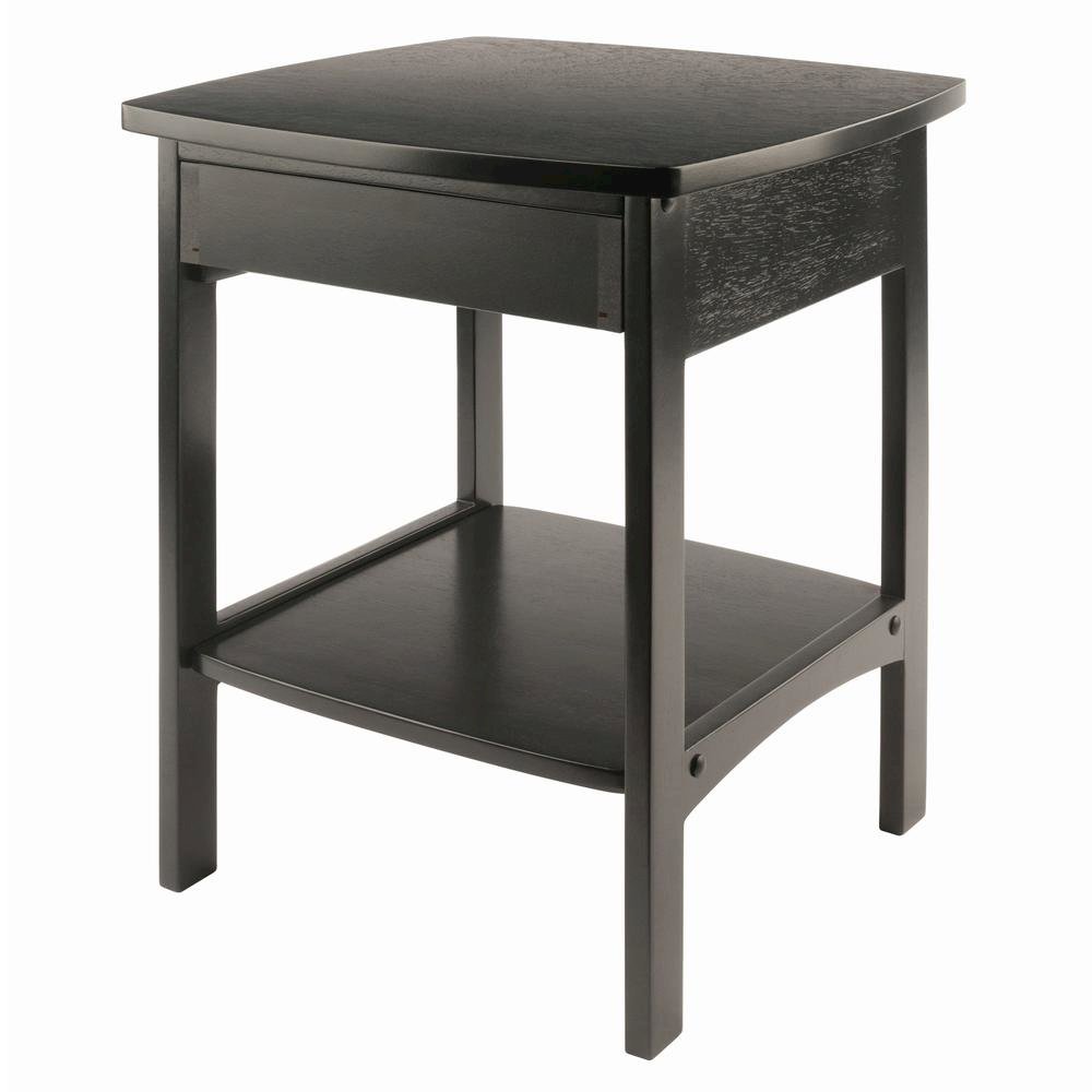 Mid Century Nightstand In Solid Wood Black Finish With Drawer And Shelf