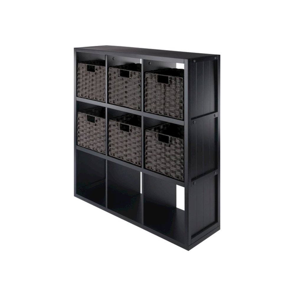 7-Pc 3x3 Storage Shelf with 6 Foldable Woven Baskets, Black and Chocolate